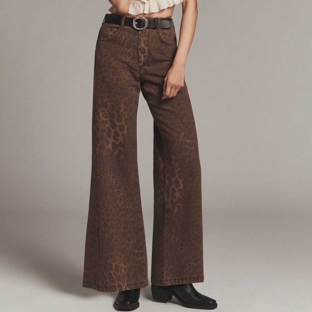 Pilcro Anthropologie Adi Leopard Mid-Rise Flare Jeans Brown Animal Print 25